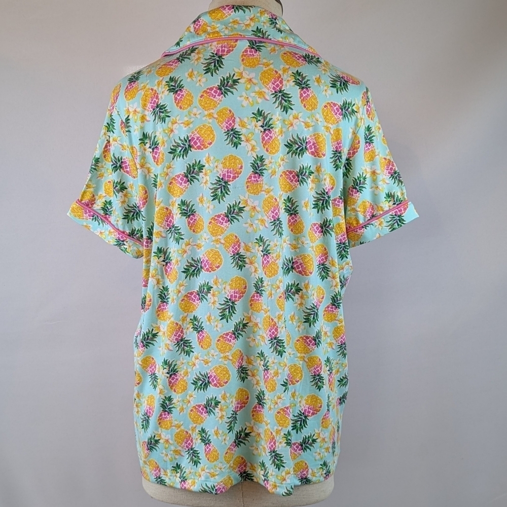 Pillow Talk Tropical Pineapple Print PJ Set Short Sleeve Top Pants Aqua M NWT - Picture 7 of 12